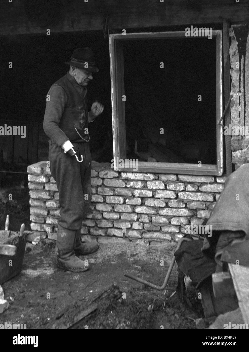 Tschechoslowakei - Hořice, 1950.  Eine Hand Steinschicht beteiligt sich an Renovierung der Kuhstall. CTK Vintage Photo Stockfoto