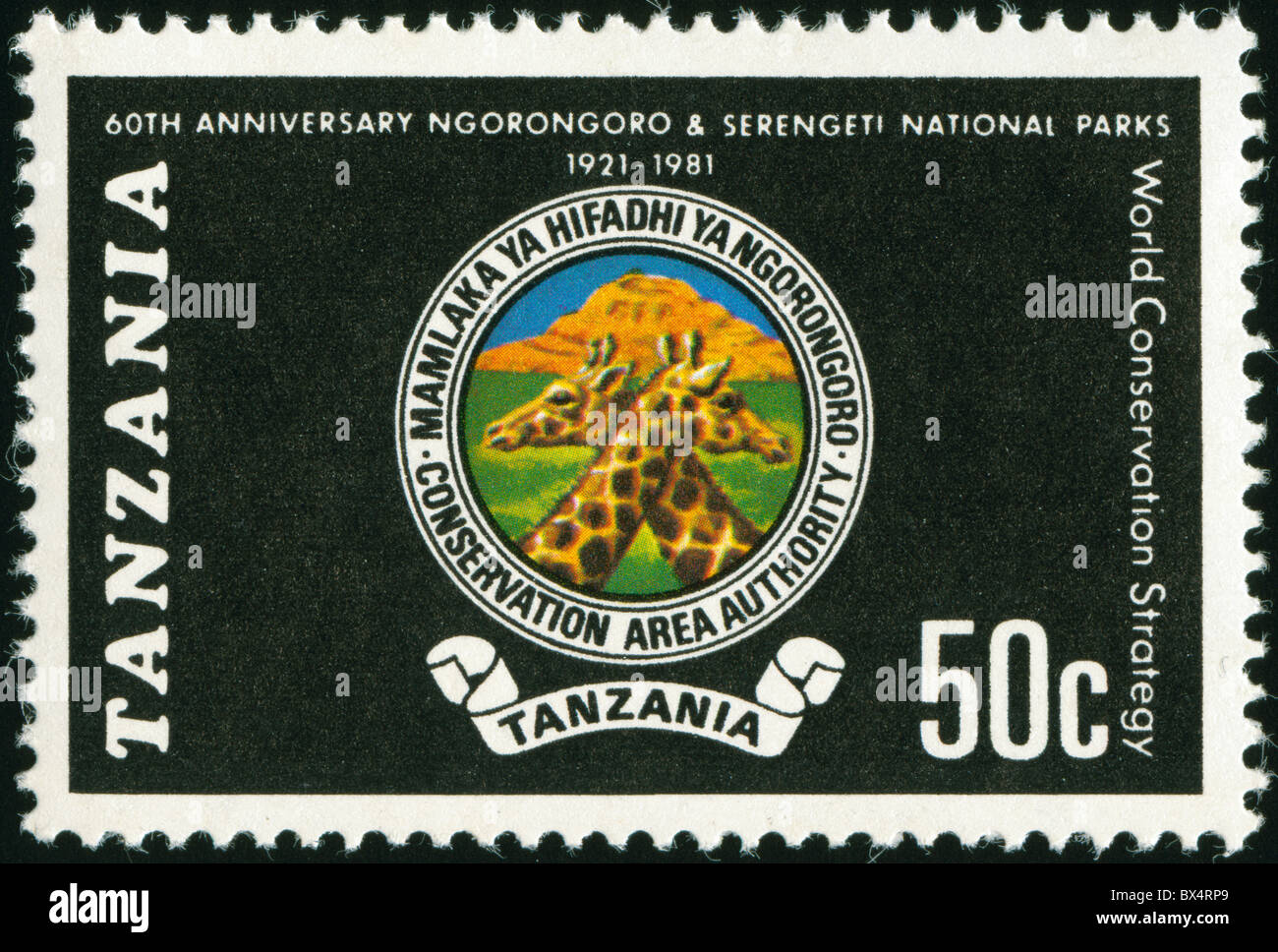 Stempel aus Tansania anlässlich des 60. Jahrestages der Ngorogogoro und Serengeti Nationalparks Stockfoto