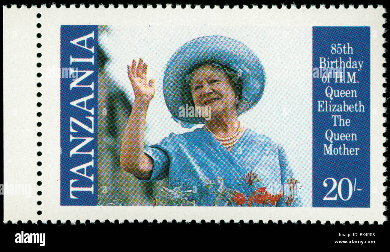 Stempel aus Tansania anlässlich des 85. Geburtstages der Königin-Mutter Stockfoto