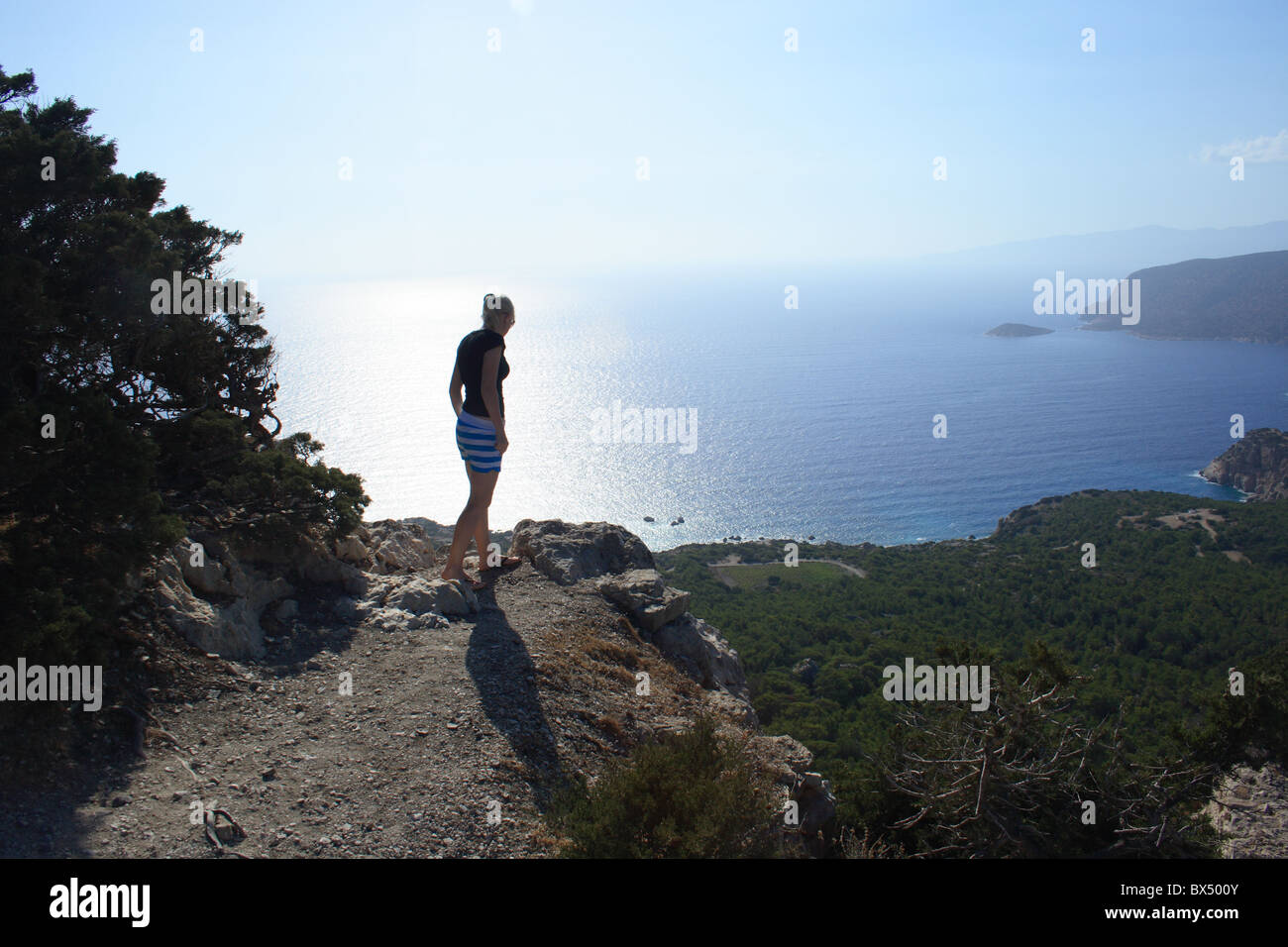 Blick von Monolithos Ritter Burg Ägäis, Insel Rhodos, Insel Chalki, Griechenland Stockfoto