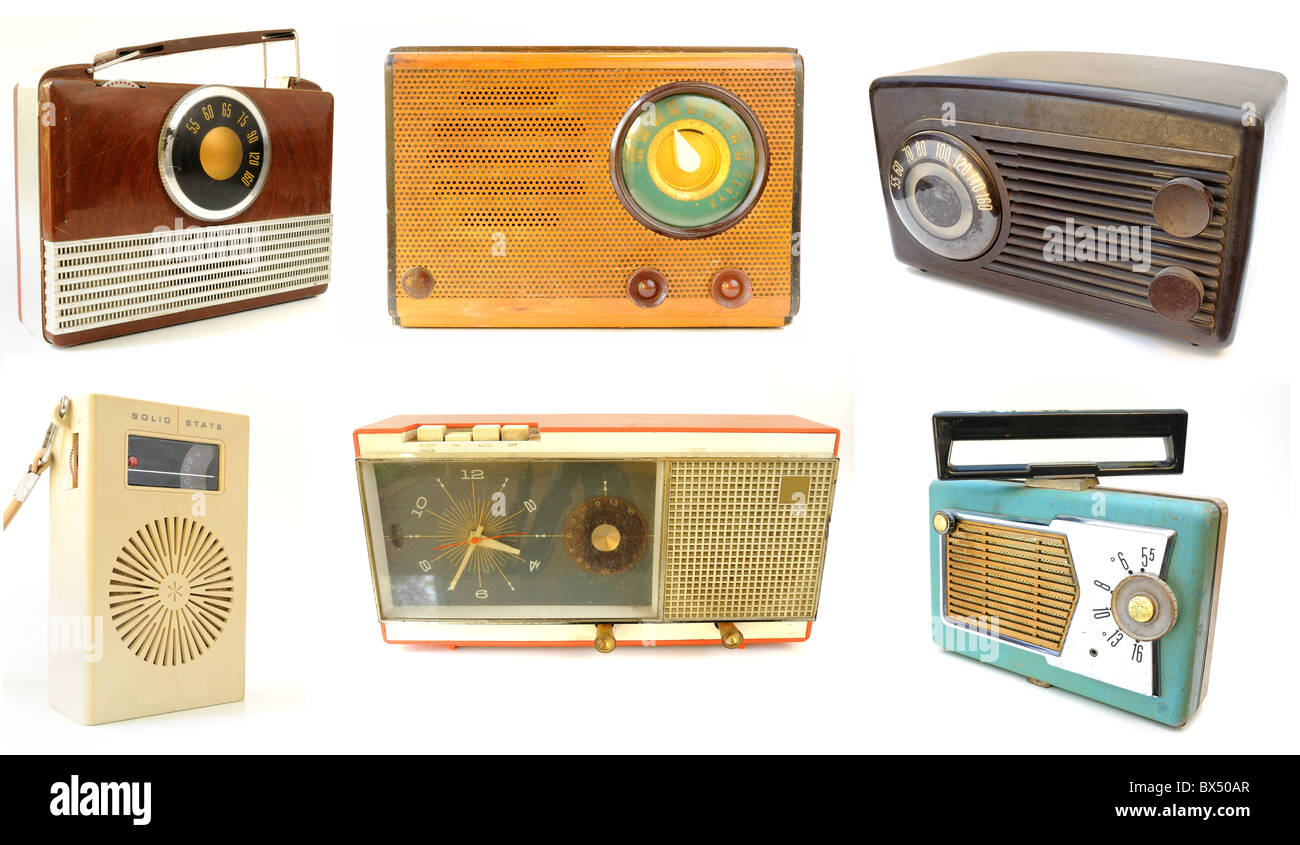 Array von sechs Vintage radios Stockfoto