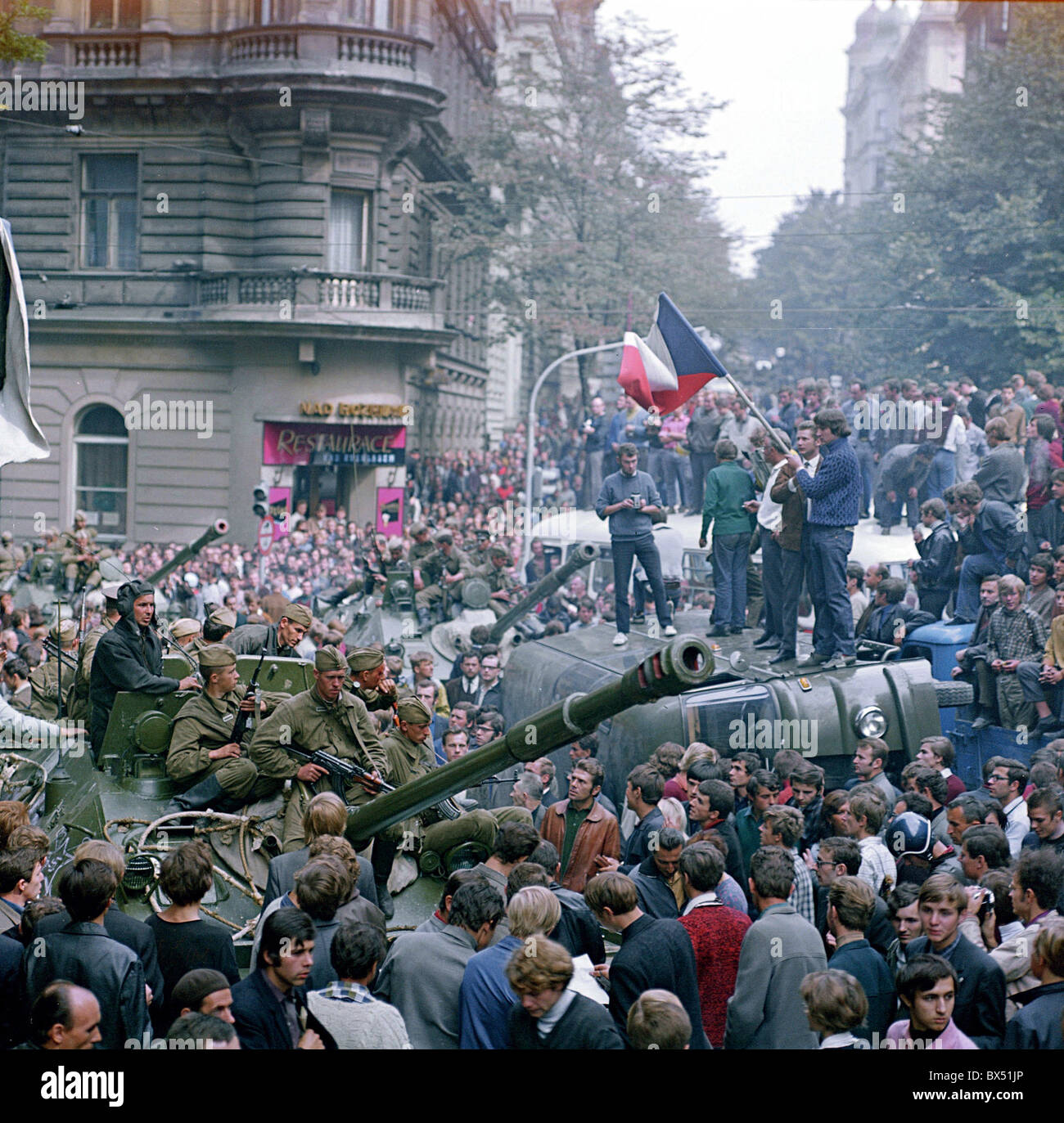 Sowjetische Panzer, Protest, Prag, Stockfoto