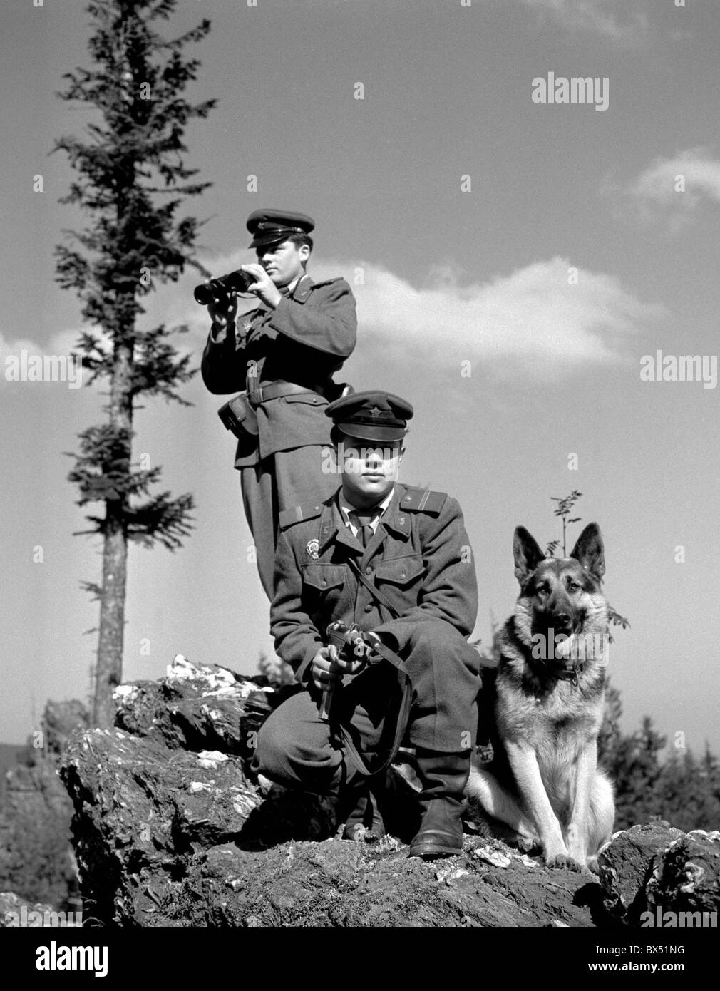 bewaffneten Grenzpatrouille mit Hund Stockfoto