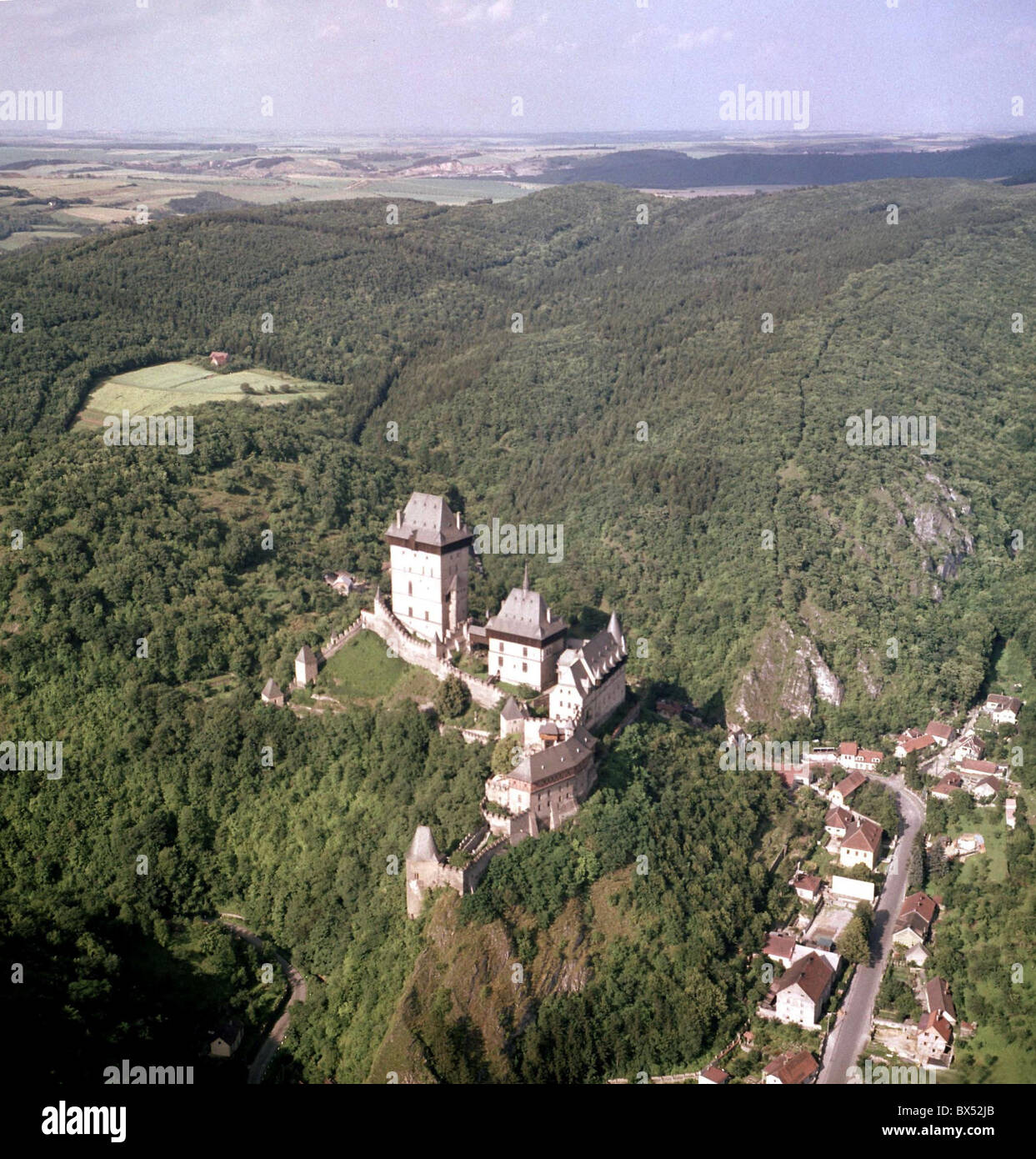 Burg Karlstein, Luftaufnahme, gotische Architektur Stockfoto