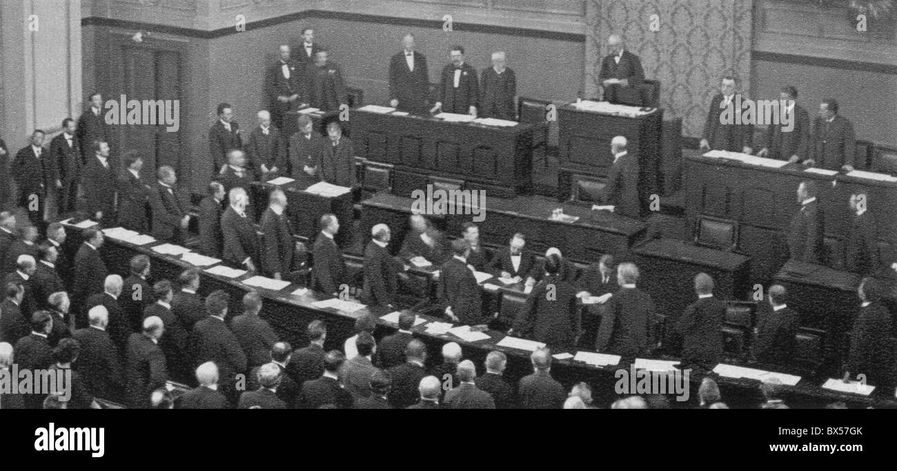 Tschechoslowakei 27. Mai 1920. Präsident Masaryk während ist Innaguration im Rudolfinum, Vereidigung. Stockfoto