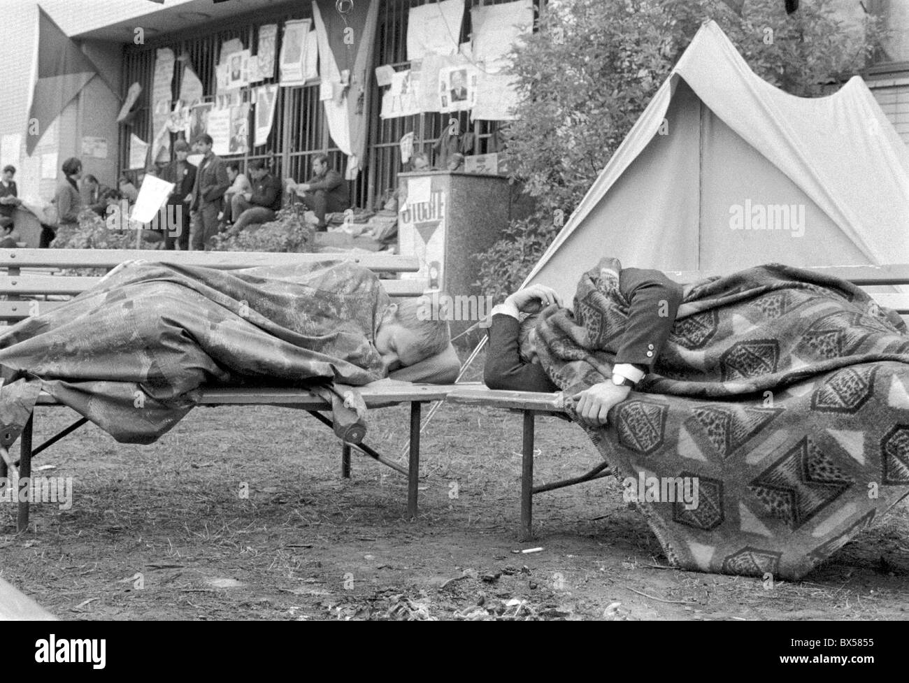 Protest, Plzen Radiosender, Zelt, Lager Stockfoto