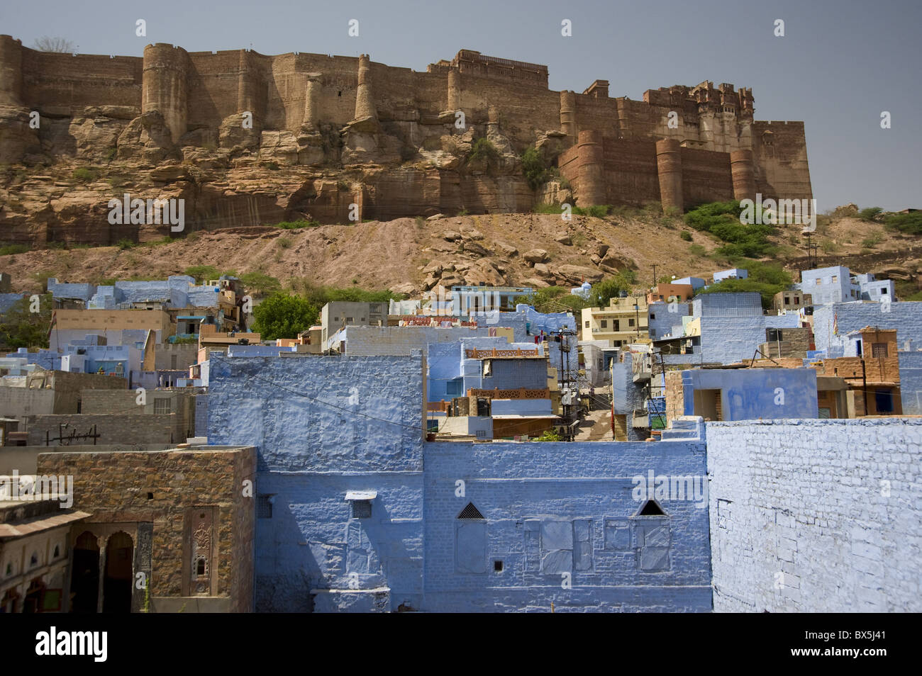 Das Mehrangarh Fort auf einem Hügel mit Blick auf die blaue Häuser von Jodhpur, Rajasthan, Indien, Asien Stockfoto