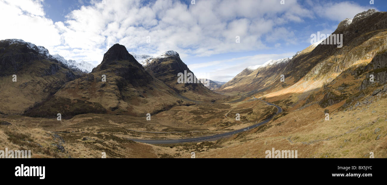 Panoramablick von Glencoe, in der Nähe von Fort William, Highland, Schottland, Vereinigtes Königreich Stockfoto
