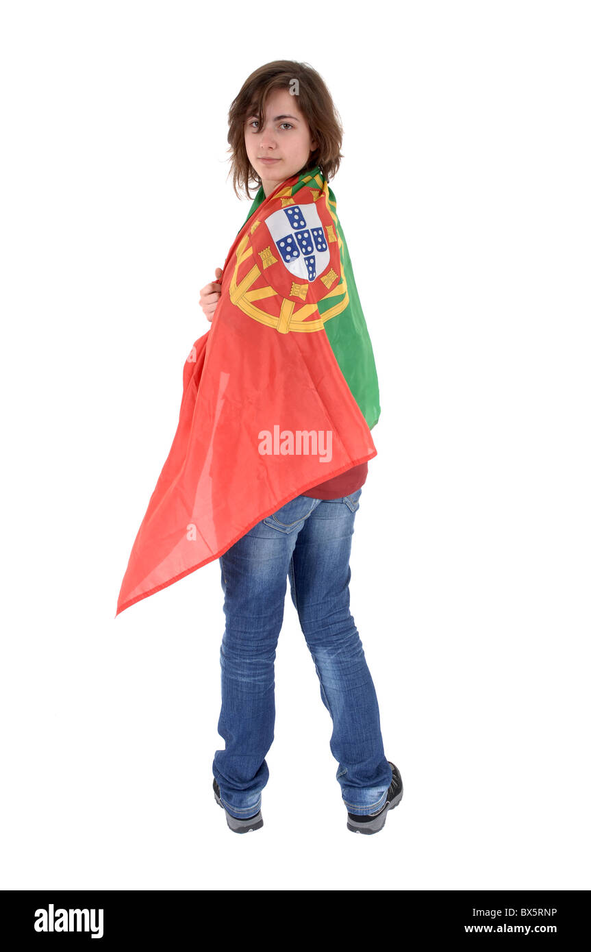 Frau-Portugal Fußball-Fan, isoliert auf weißem Hintergrund Stockfoto