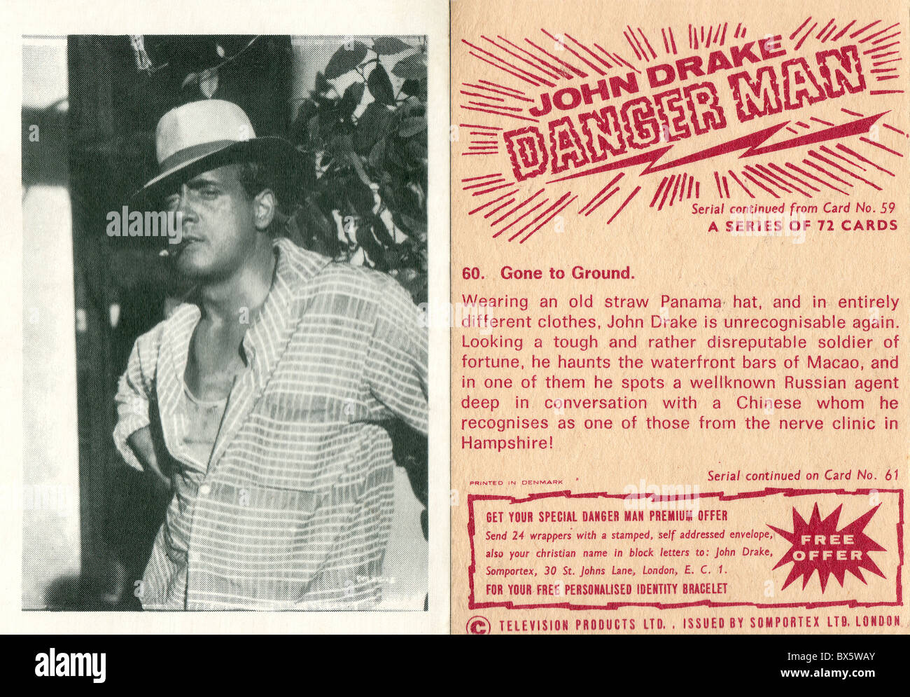 Von Somportex im Jahr 1965 mit Patrick McGoohan als John Drake ausgestellten Gefahr Mann Kaugummi Karten Stockfoto
