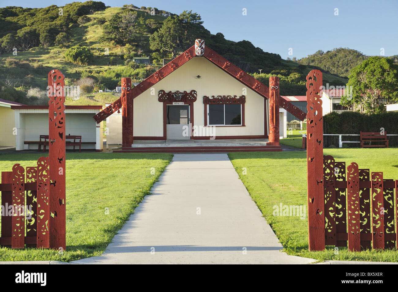 Marae, Torere, Bay of Plenty, North Island, Neuseeland, Pazifik Stockfoto