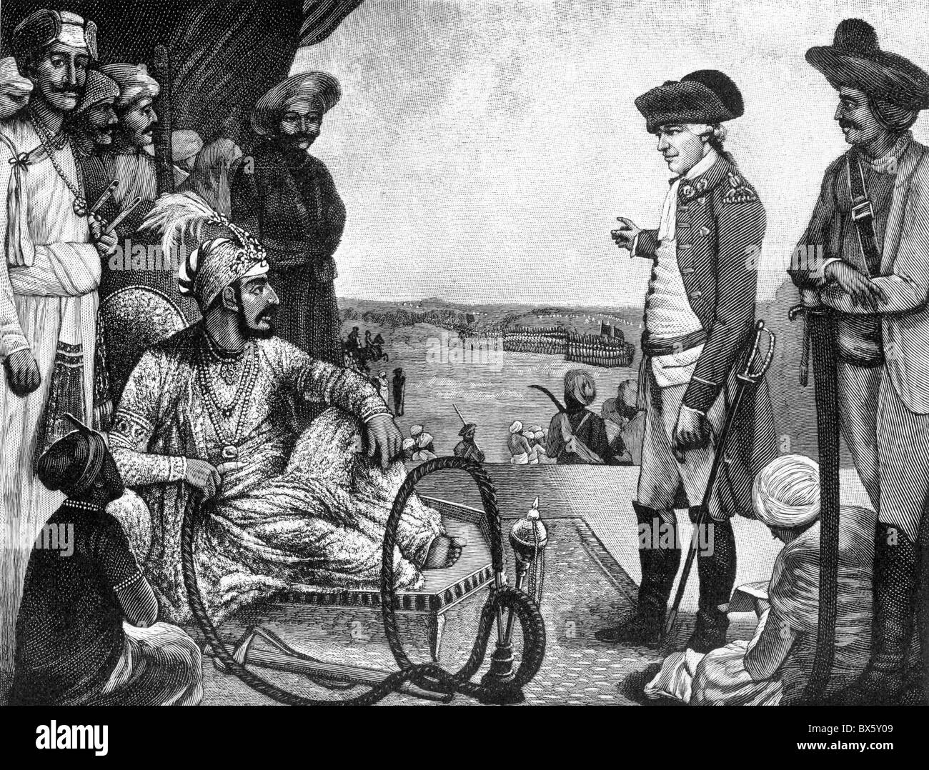 Shah Allum, Mogul von Hindustan, Überprüfung der Ostindischen Handelskompanie Truppen; Schwarz / weiß Darstellung von ca. 1781 Stockfoto