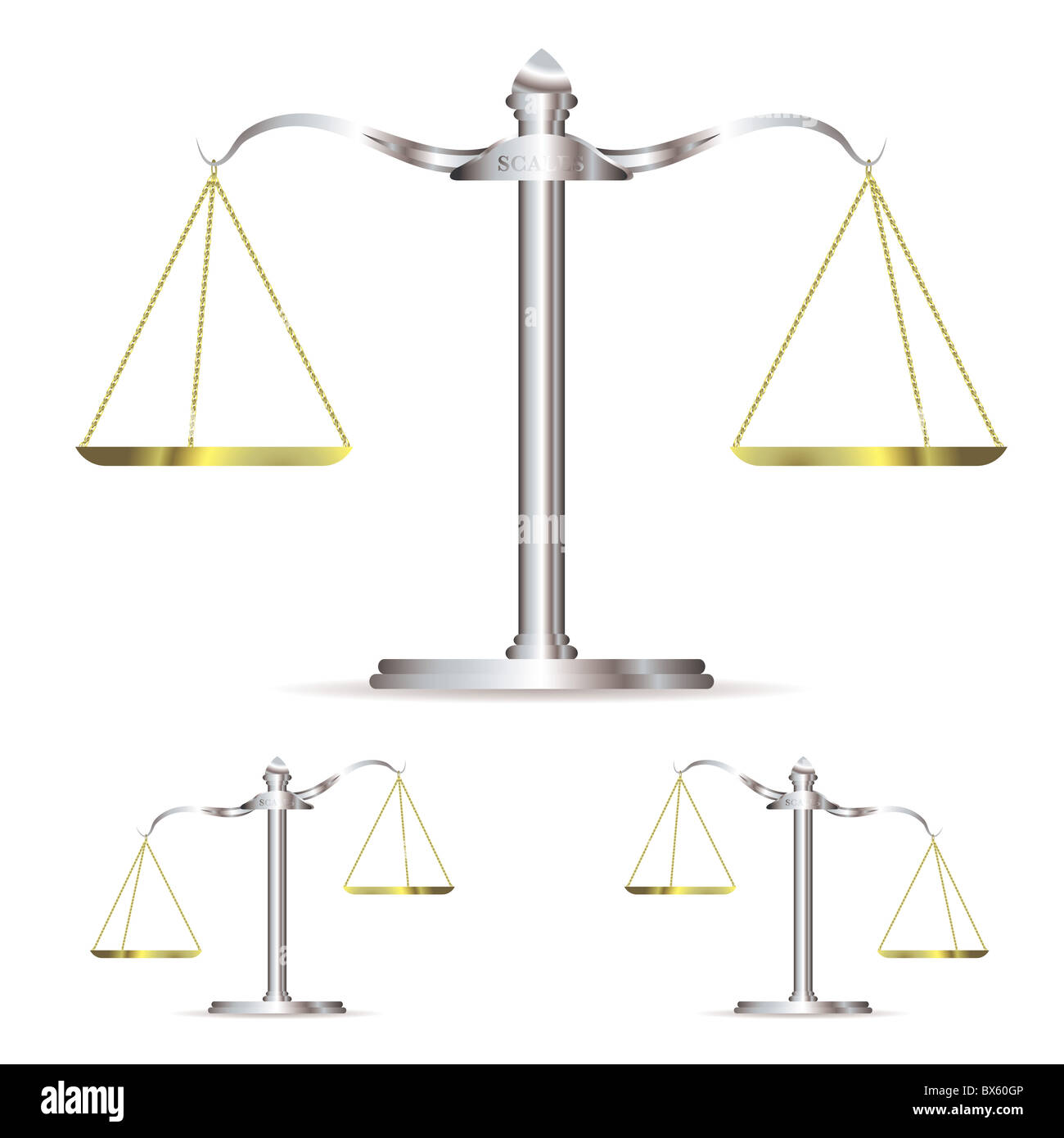 Waage der Gerechtigkeit in Ebene nach oben und unten mit goldenen Ketten Stockfoto