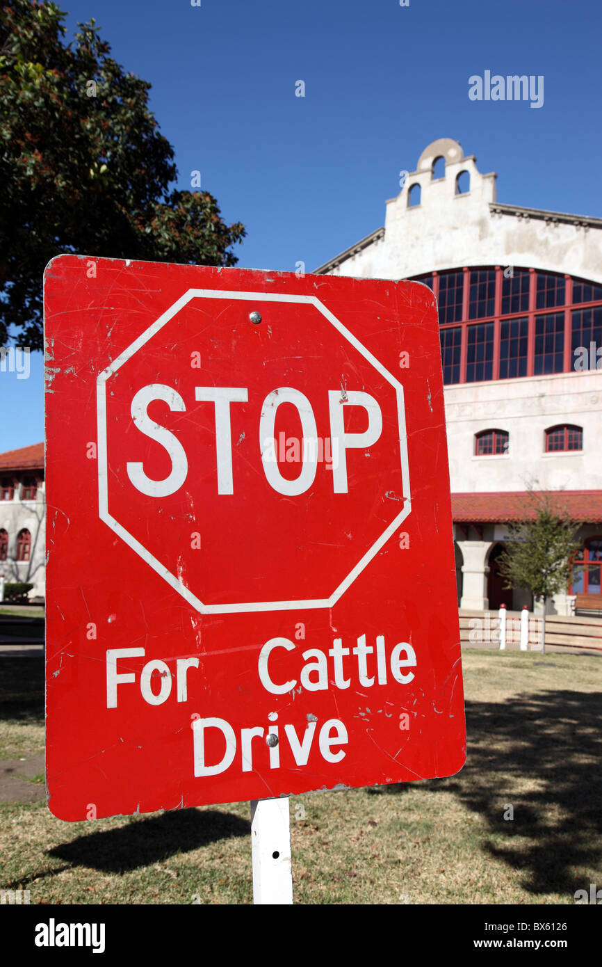 Stop für Viehtrieb Schilder, Schlachthöfe, Fort Worth, Texas, USA Stockfoto