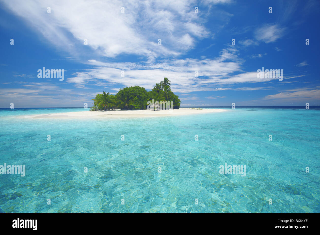 Tropische Insel umgeben von Lagune, Malediven, Indischer Ozean, Asien Stockfoto