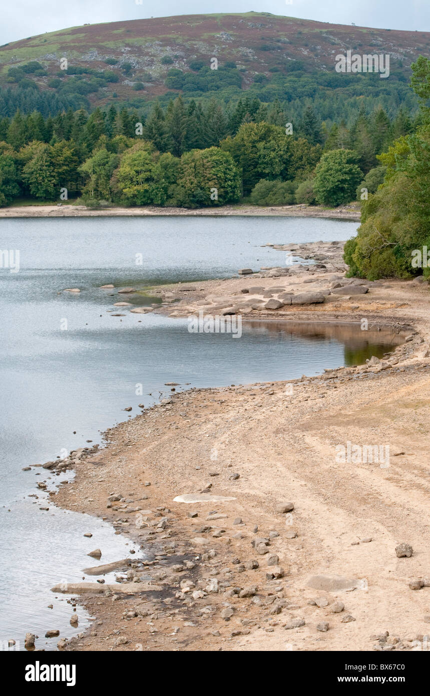 Exponierten Bank Burrator Reservoir Niedrigwasser Ebene zeigen, Dartmoor, Devon UK Stockfoto