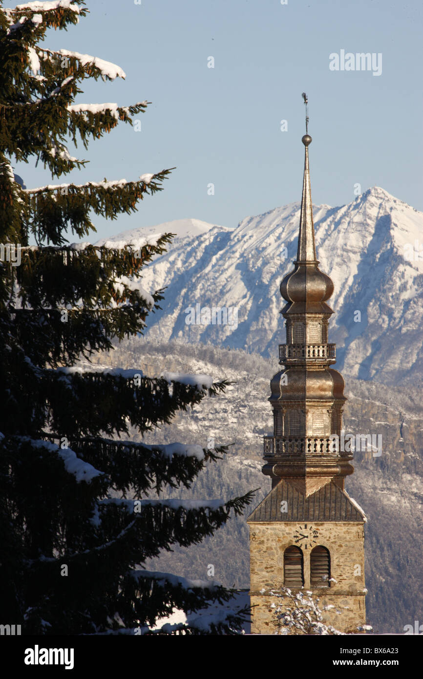 Combloux Kirchturm, Combloux, Haute Savoie, Frankreich Stockfoto