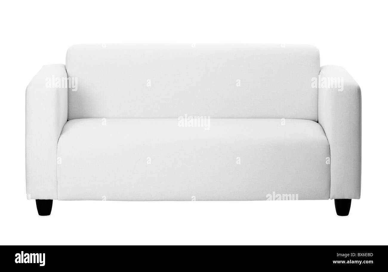 Gewöhnlichen einfachen grauen Sofa isoliert auf weißem Hintergrund Stockfoto