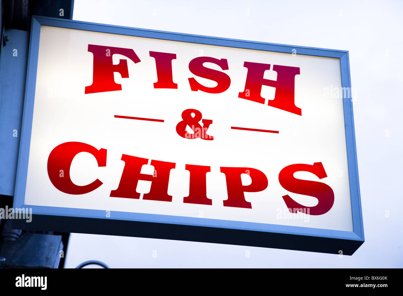 Fish &amp; Chips unterzeichnen in Conwy, Clwyd, Wales, Vereinigtes Königreich, Europa Stockfoto