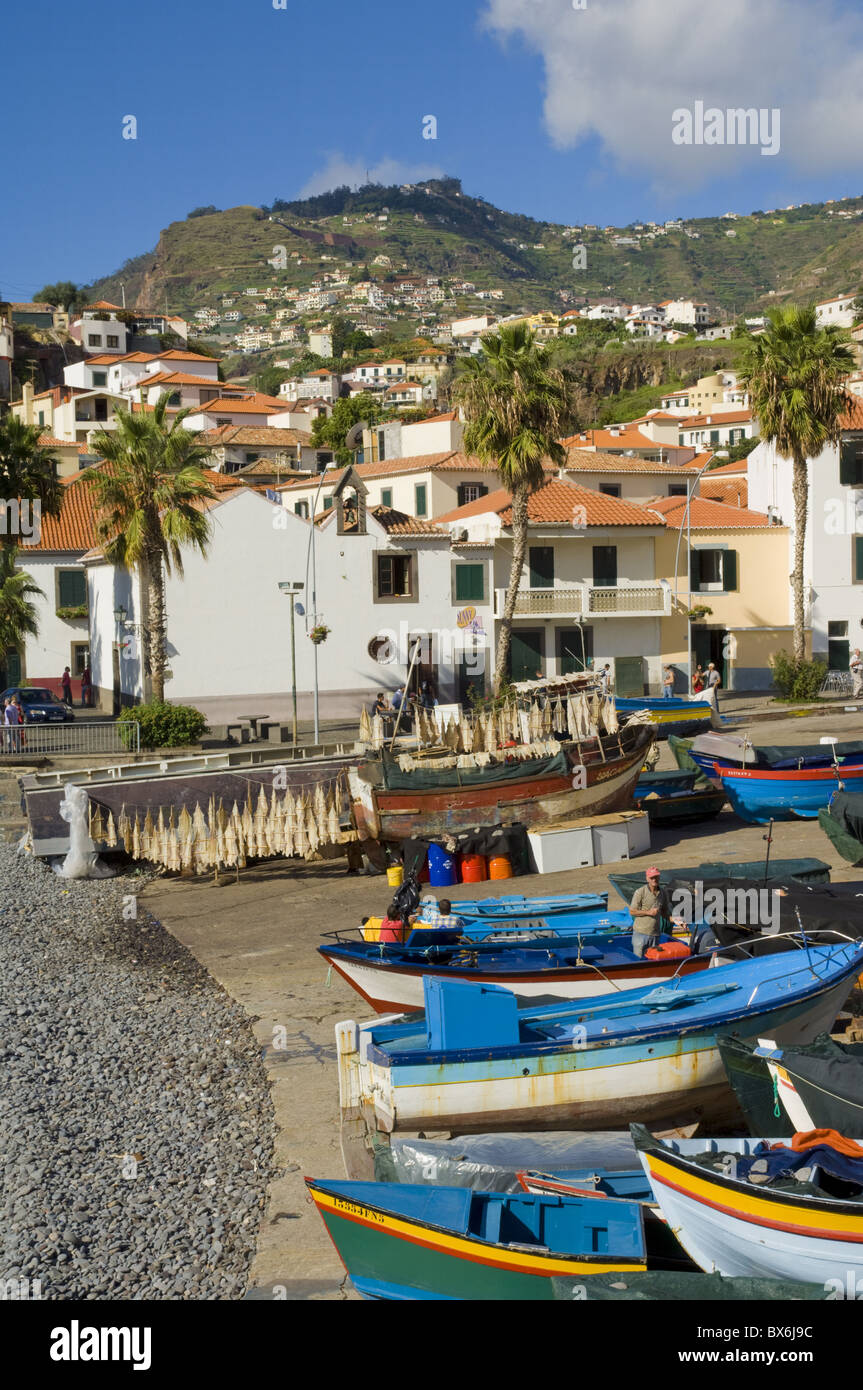 Stockfisch (Bacalhau) trocknen und Angelboote/Fischerboote im Hafen kleine Südküste von Camara de Lobos, Madeira, Portugal, Atlantik Stockfoto