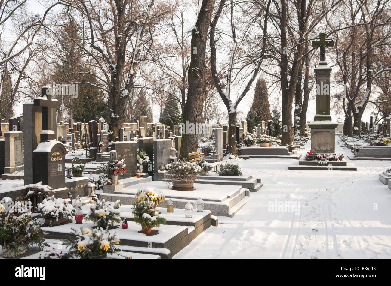 Verschneiten Friedhof, Dorf Treboradice, Prag, Tschechische Republik, Europa Stockfoto