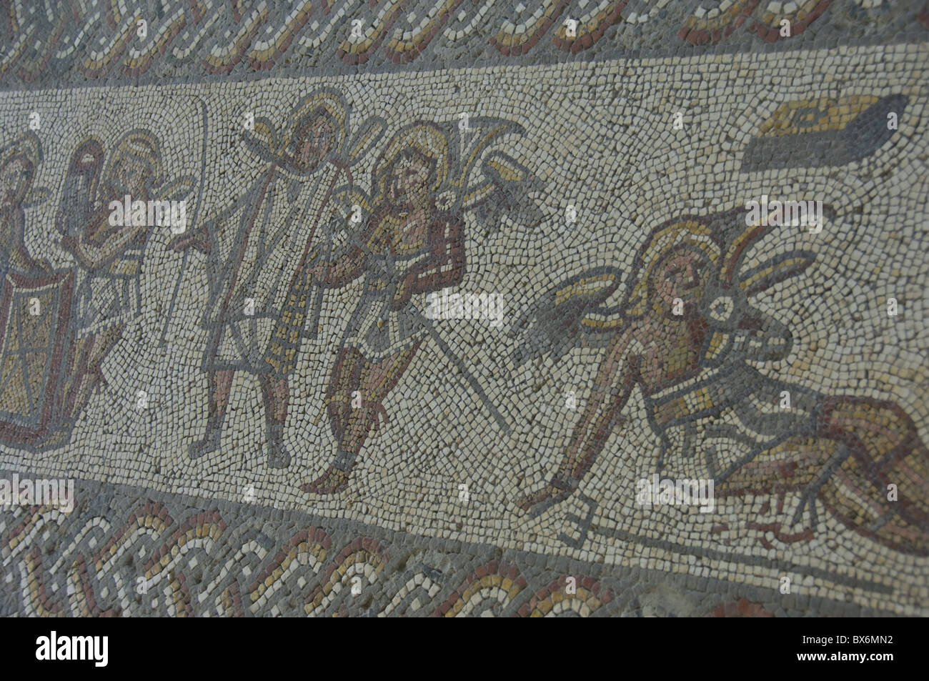 Detail der Teppich Grenze in Mosaik aus 350 n. Chr., Villa Romana, Bignor, West Sussex, England, Vereinigtes Königreich, Europa Stockfoto