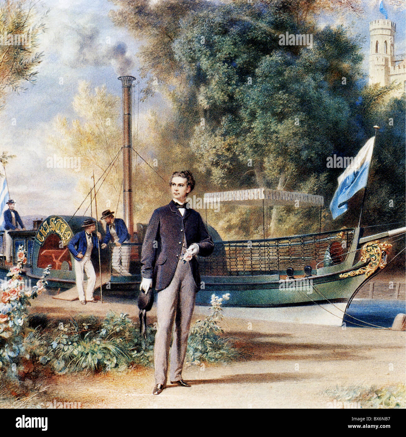 Louis II., 25.8.1845 - 13.6.1886, König von Bayern 10.3.1864 - 13.6.1886, Landung auf Schloss Berg, Druck nach dem Wasserfarbe von Erich Correns, von 1867, Stockfoto