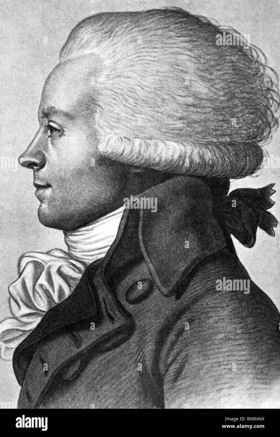 Robespierre, Maximilian de, 6.5.1758 - 28.7.1704, französischer Politiker, Mitglied des Ausschusses für öffentliche Sicherheit 27.7.1793 - 27.7.1704, Porträt, zeitgenössische Zeichnung, Stockfoto