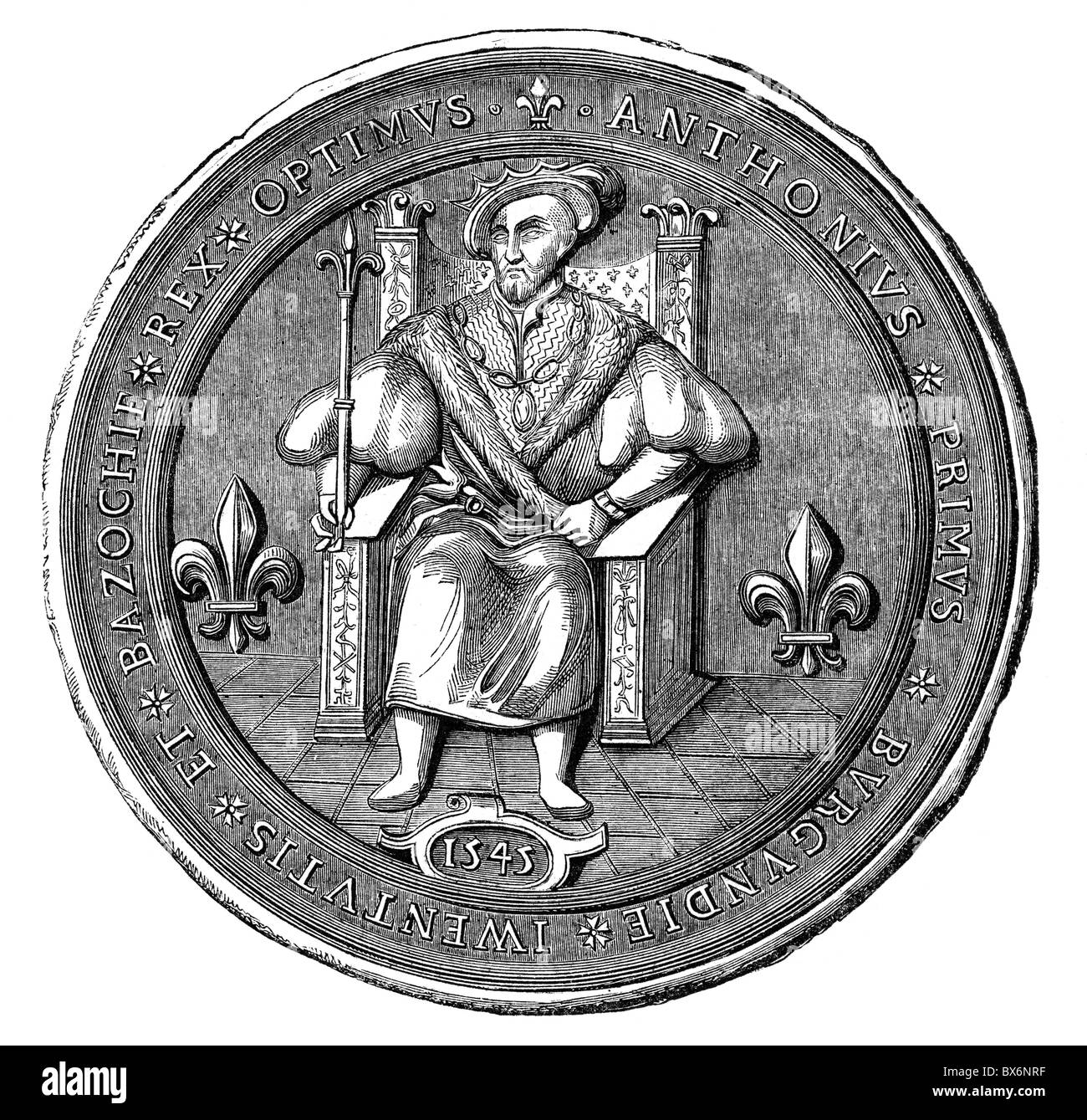 Handwerk, Zünfte, Zunft der Rechtsbeamten des Pariser Parlaments, Siegel des Vorsitzenden Antoine I, 1545, Holzstich, 19. Jahrhundert, 'Le ROI de la Basoche', Bazoche, Schreiber, Justiz, Gericht, Thron, Frankreich, 16. Jahrhundert, , Zusatzrechte-Clearences-nicht verfügbar Stockfoto
