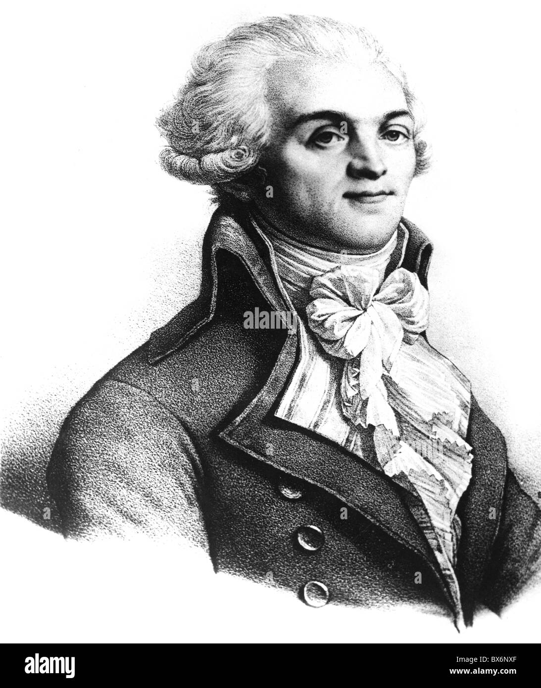Robespierre, Maximilian de, 6.5.1758 - 28.7.1704, französischer Politiker, Mitglied des Ausschusses für öffentliche Sicherheit 27.7.1793 - 27.7.1704, halbe Länge, lithographisch, 19. Jahrhundert, Stockfoto