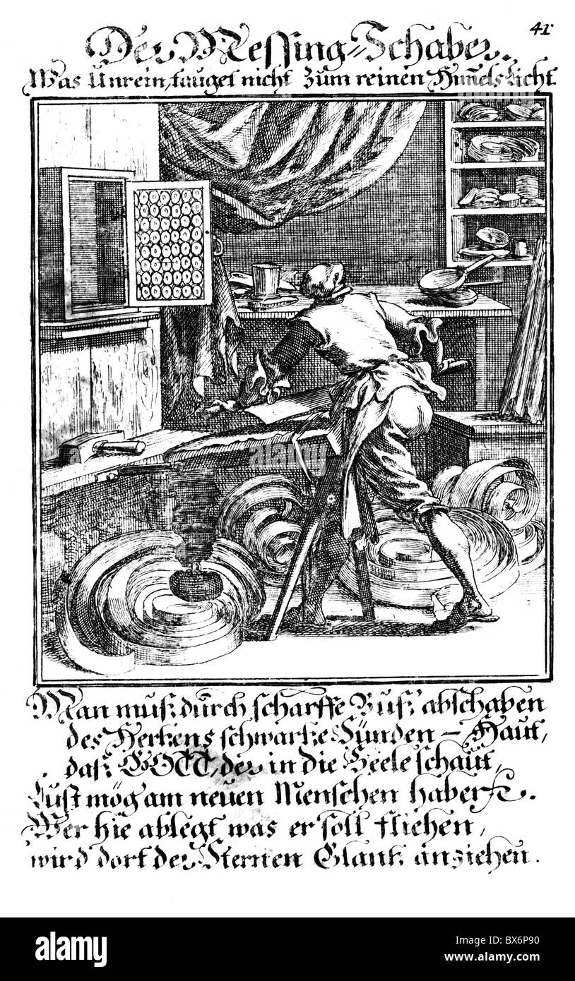 Menschen, Berufe, Messing Schaber, Kupferstich aus der taendebuch" von Christoph Weigel, 1698, mit Vers von Abraham a Santa Clara,, Artist's Urheberrecht nicht gelöscht werden Stockfoto