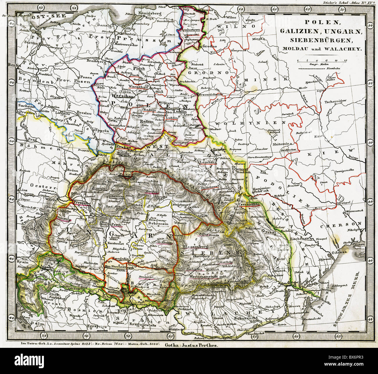 Kartographie, Karten, Mitteleuropa, Polen, Ungarn, Galizien, Moldawien, Walachei, Stielers Handatlas, Nr. XV, herausgegeben von Justus Perthes, Gotha, 1851, Additional-Rights-Clearences-not available Stockfoto