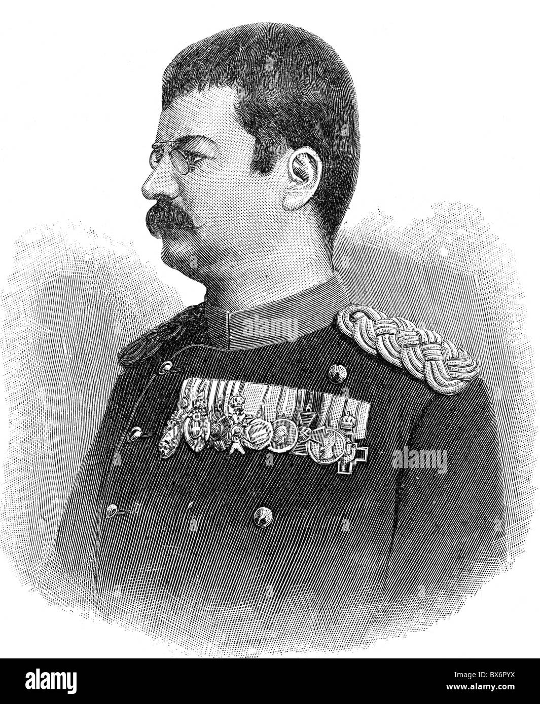 Alexander I., 14.8.1876 - 11.6.1903, König von Serbien 6.3.1889 - 11.6.1903, Porträt, Holzgravur, Ende des 19. Jahrhunderts, Stockfoto