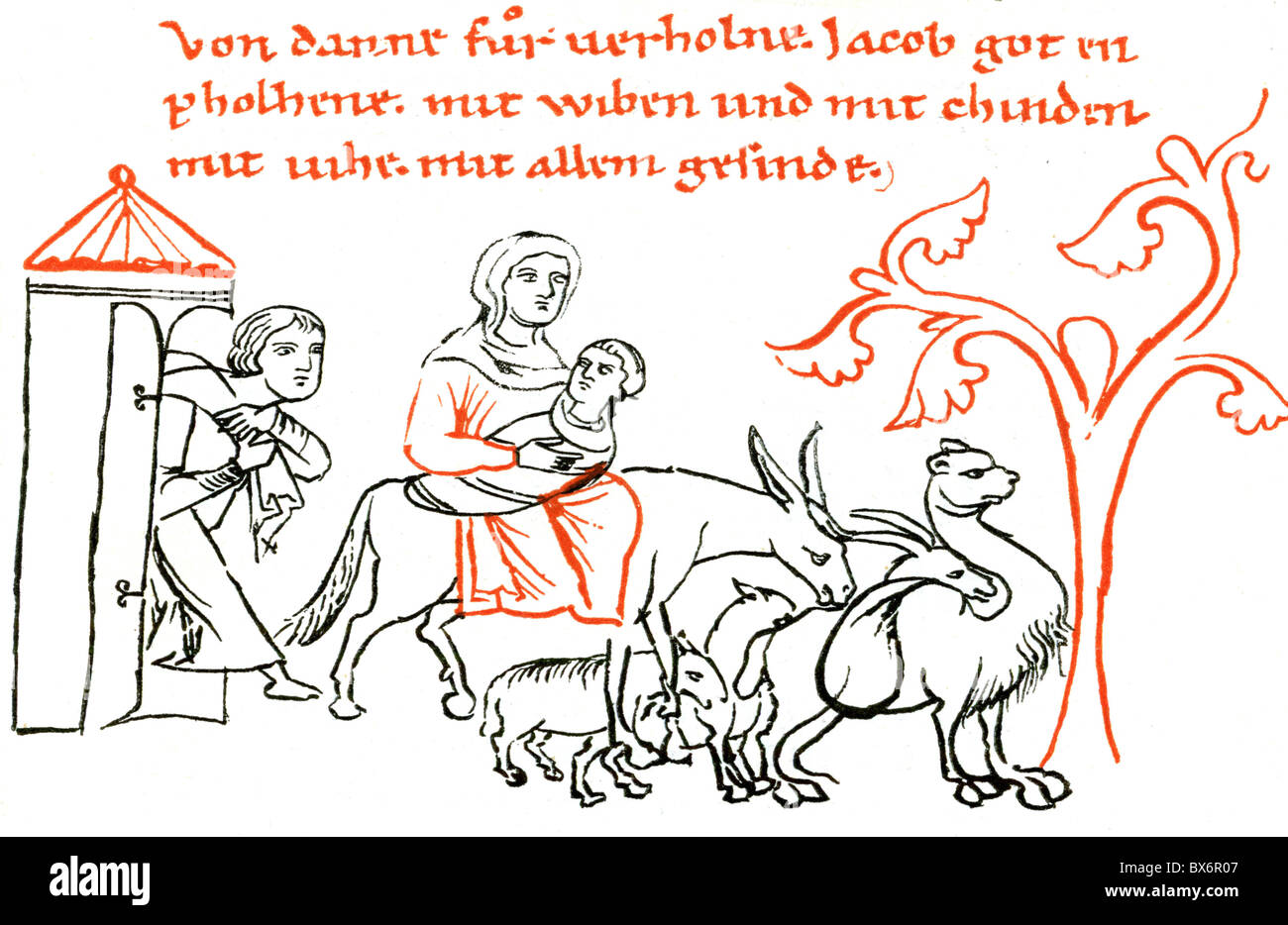 Jakob, biblischer Patriarch, Sohn von Isaac und Rebecca, Szene, Abreise nach Ägypten, aus der Millstaedt-Schrift des Buches Genesis, Stockfoto