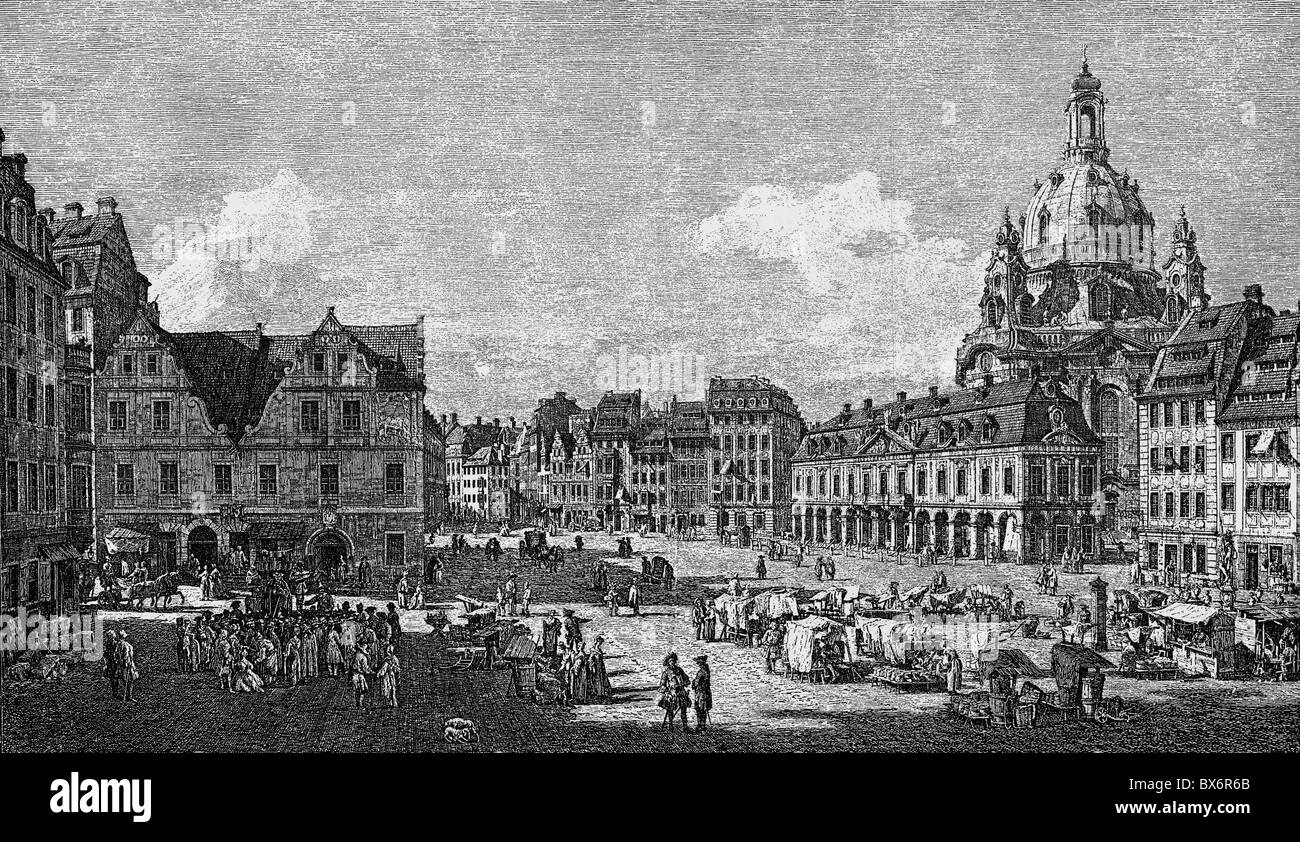 Geographie/Reisen, Deutschland, Dresden, Plätze, Neumarkt, Kupferstich von Bernardo Belotto genannt Canaletto, 1750 Artist's Urheberrecht nicht geklärt zu werden. Stockfoto