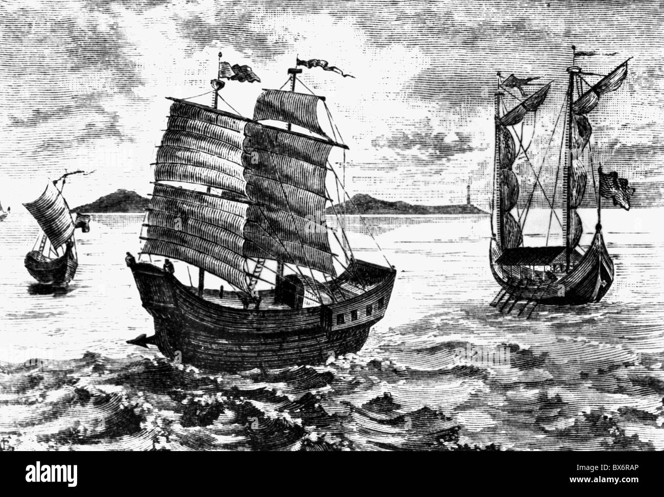 Magellan, Ferdinand (Magalhaes, Fernao de), 1480 - 27.4.1521, portugiesischer Seefahrer und Entdecker, seine Schiffe, Stockfoto