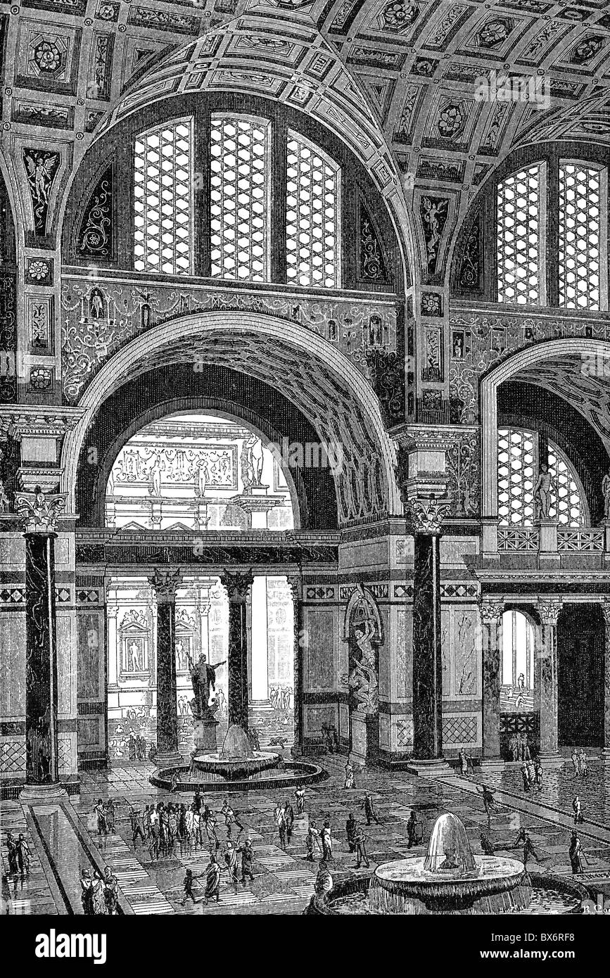 Geographie / Reisen, Italien, Rom, Thermen von Caracalla, Baujahr 212 - 216, Innenansicht, Holzstich von R. Loes nach Rekonstruktion von F. Thiersch, 1909, , Zusatzrechte-Abferienzen-nicht vorhanden Stockfoto