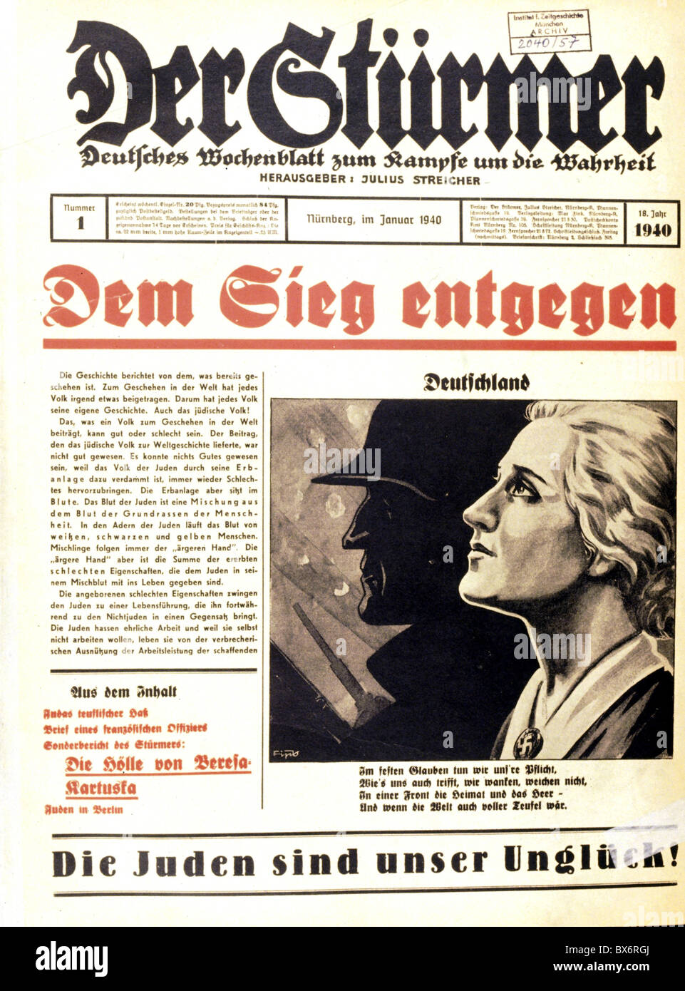 Nationalsozialismus / Nationalsozialismus, Propaganda, Presse / Medien, 'der Stuermer', Nr. 1. Januar 1940, Titelseite, 'Towards Victory', Zeichnung 'Germany' von FIPS, Additional-Rights-Clearences-not available Stockfoto