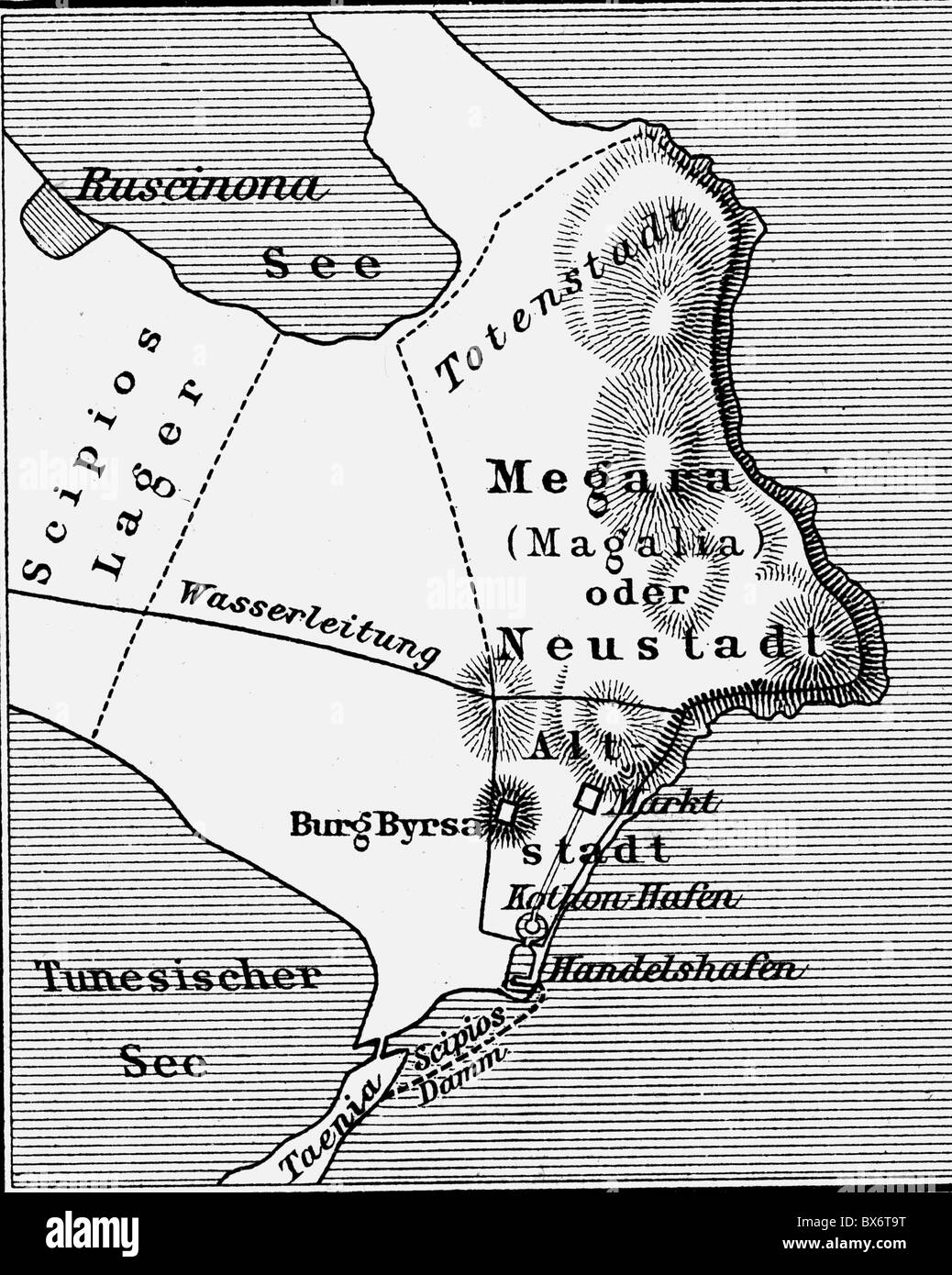 Ereignisse, 3. Punischer Krieg 149 - 146 v. Chr., Karthago zur Zeit der römischen Belagerung, Illustration nach Kiepert, 19. Jahrhundert, historisch, historisch, Antike Welt, Römisches Reich, Nordafrika, Publius Cornelius Scipio Africanus, Karten, Antike Welt, Additional-Rights-Clearences-not available Stockfoto