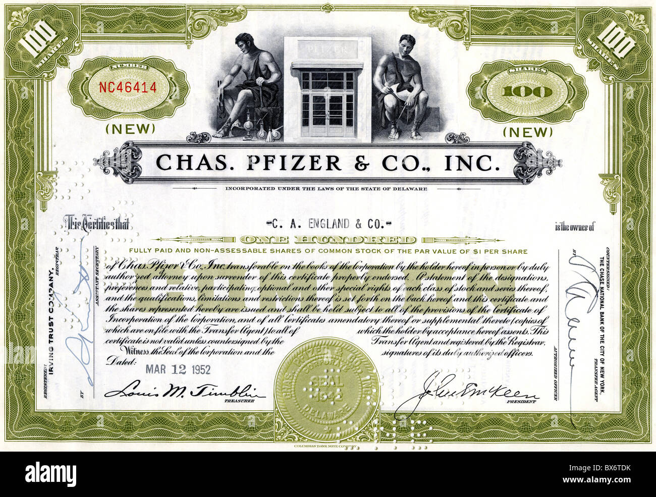 Geld / Finanzen, Aktien, Aktien, Pfizer and Co. Inc., Zertifikat für 100 Aktien, eingetragen bei Irving Trust Company für C. A. England und Co, New York, 12.3.1952, zusätzliche Rechte-Clearences-nicht verfügbar Stockfoto