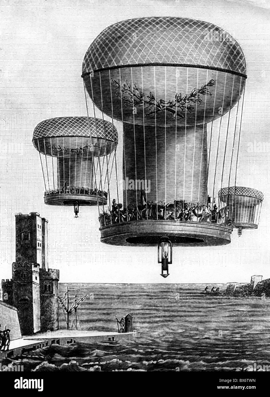 Transport / Transport, Luftfahrt, Luftballons, phantastisches Ballonprojekt, Transport französischer Truppen über den Ärmelkanal, französische Karikatur, 13 Prairial XI (4.6.1804), Luftschiff, Luftschiffe, Invasion, Luftangriff, Angriff, Napoleonische Kriege, Frankreich, 19. Jahrhundert, historisch, historisch, Menschen, Zusatzrechte-Clearences-nicht vorhanden Stockfoto