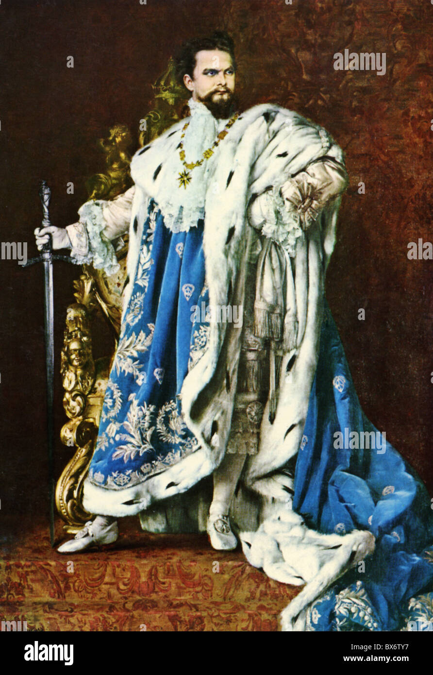 Louis II., 25.8.1845 - 13.6.1886, König von Bayern 10.3.1864 - 13.6.1886, volle Länge, als Großmeister des Königlichen Orden des Heiligen Georg, gedruckt nach dem Gemälde von Gabriel Schachinger, 1886/87, Stockfoto