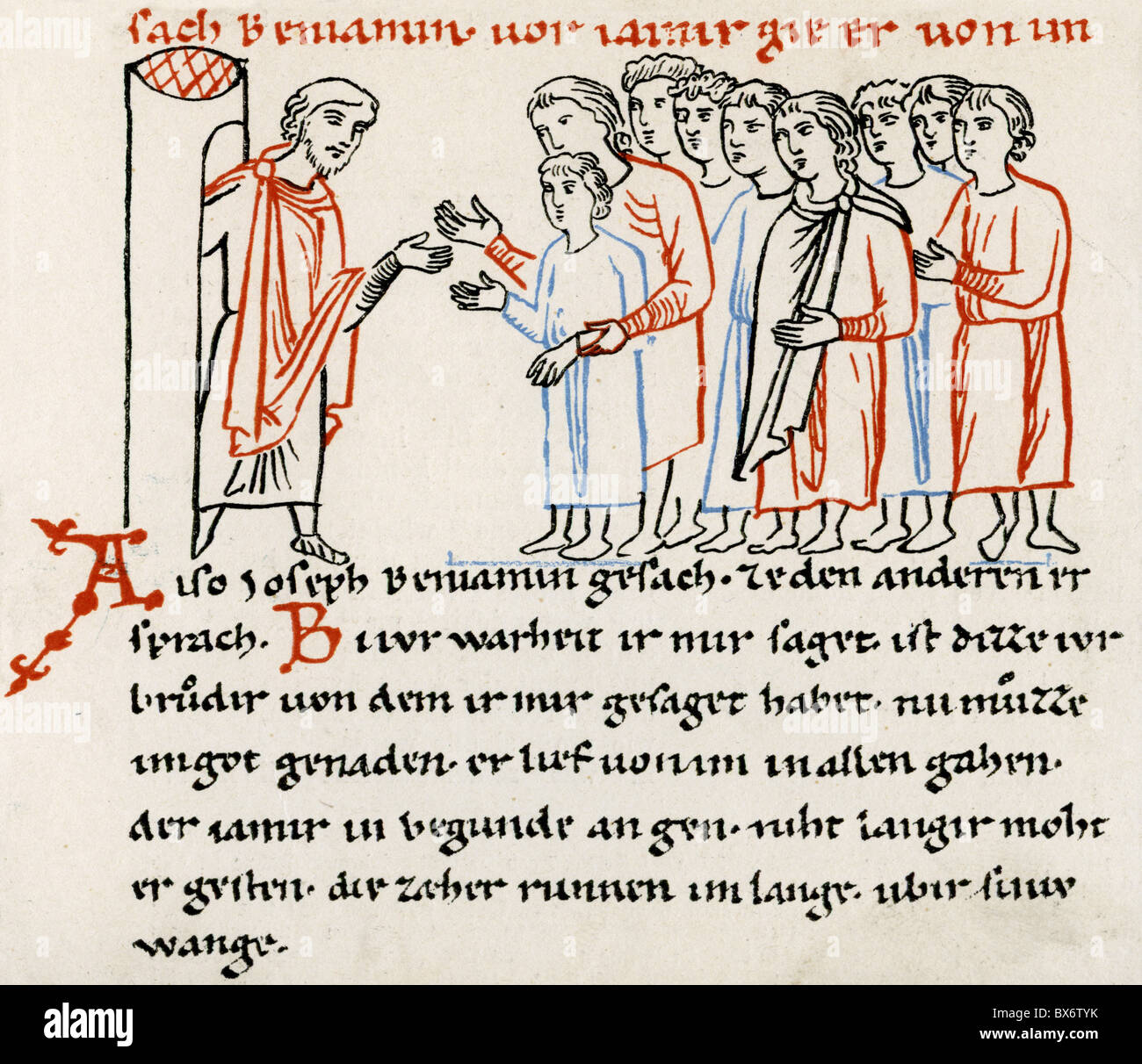 Joseph, biblische Figur, Patriach, der sich seinen Brüdern offenbart, die mittelalterliche Illumination, das Buch Genesis der Milstadter Handschrift, etwa im 11. Jahrhundert, Stockfoto