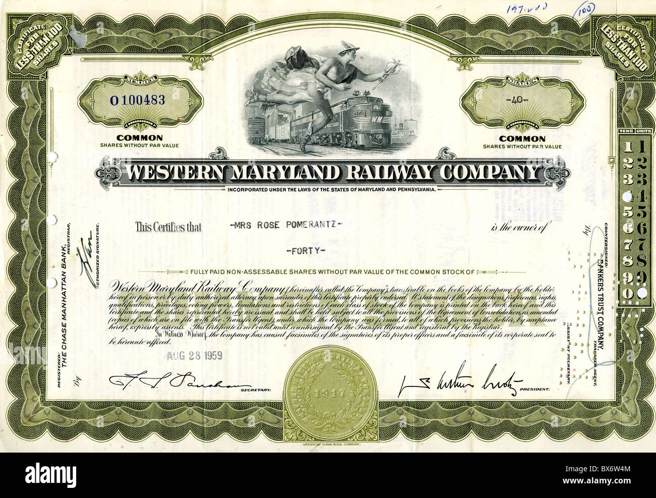 Geld / Finanzen, Aktien, Western Maryland Railway Company, Zertifikat für 40 Aktien, eingetragen bei Chase Manhattan Bank für Rose Pomerantz, New York, 28.8.1959, zusätzliche-Rechte-Clearences-nicht verfügbar Stockfoto