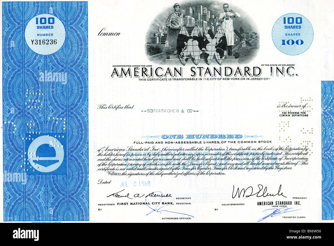 Geld / Finanzen, Aktien, American Standard Inc., Zertifikat für 100 Aktien, eingetragen bei der First National Bank für Schwabacher und Co., New York, 8.7.1968, zusätzliche-Rechte-Clearenzen-nicht verfügbar Stockfoto