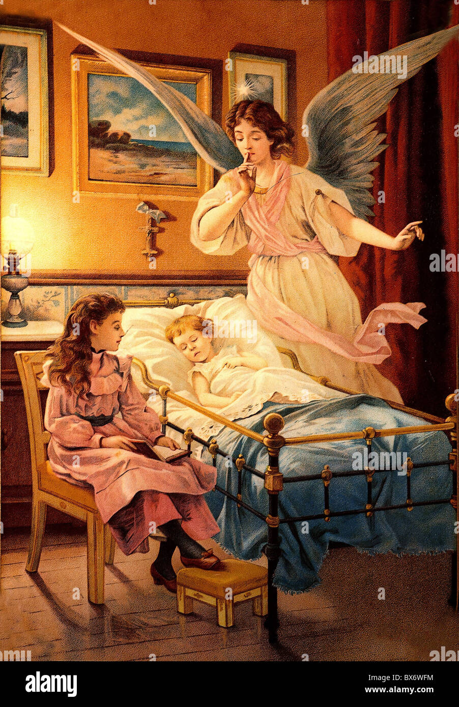 Religion, Christentum, Engel, Schutzengel, der Kinder im Bett bewacht,  Öldruck, um 1900, Zusatzrechte-Clearences-nicht vorhanden Stockfotografie -  Alamy