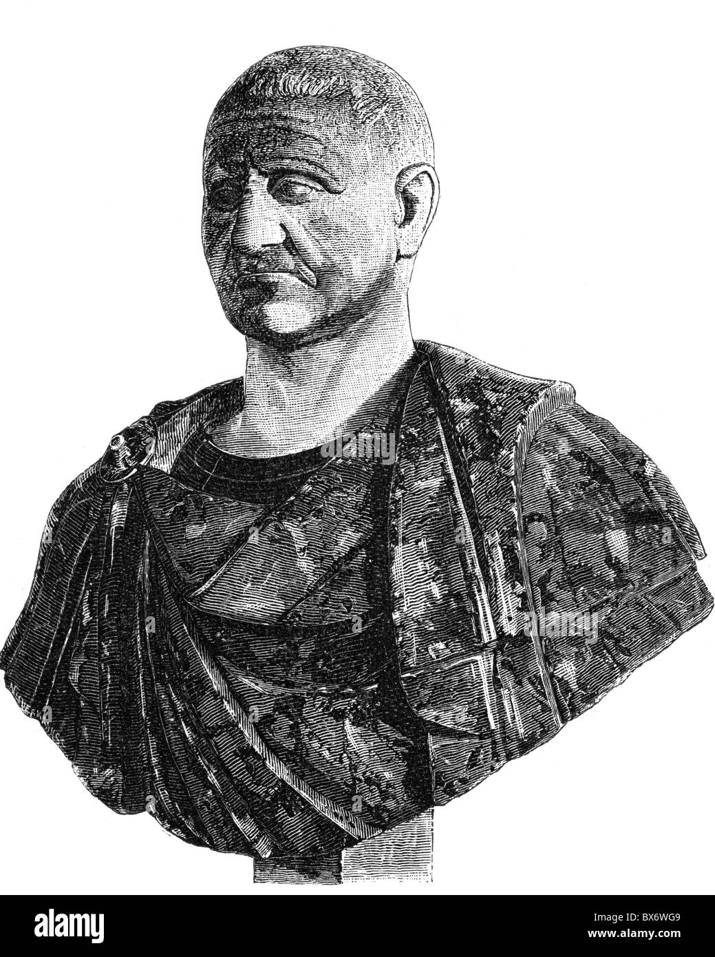 Vespasian (Titus Flavius Vespasianus), 17.11.9 - 24.6.79, römischer Kaiser 22.12.69 - 24.6.79, Porträt, Büste, Museo Capitolino, Rom, Holzgravur, 19. Jahrhundert, Stockfoto
