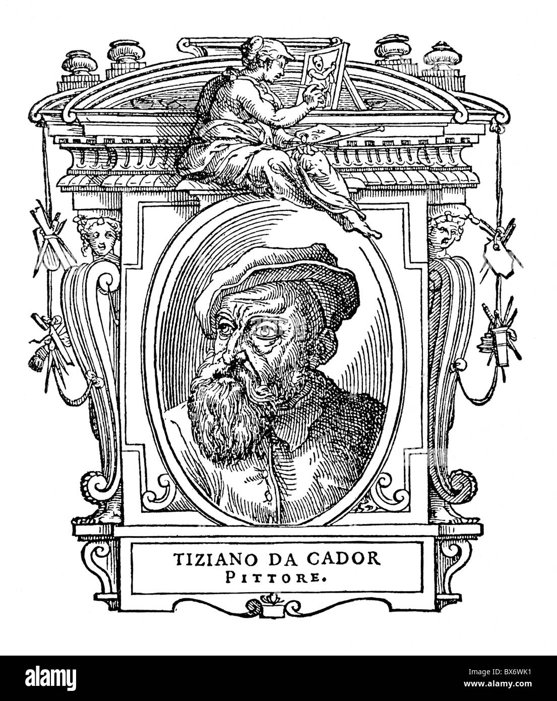 Titian (Tiziano Vecellio), ca. 1480 - 27.8.1576, italienischer Maler, Porträt, Holzschnitt, "Vite de piu eccelenti pittori, scultori ed architetti" von Giorgio Vasari, 1550, 16. Jahrhundert, Stockfoto