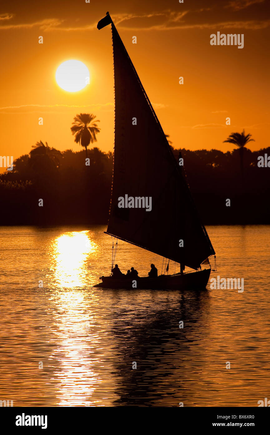 Eine beeindruckende und schöne Bild von einem traditionellen ägyptischen Segelboot bezeichnet eine Feluke auf dem Nil bei Sonnenuntergang mit Palmen hinter Stockfoto