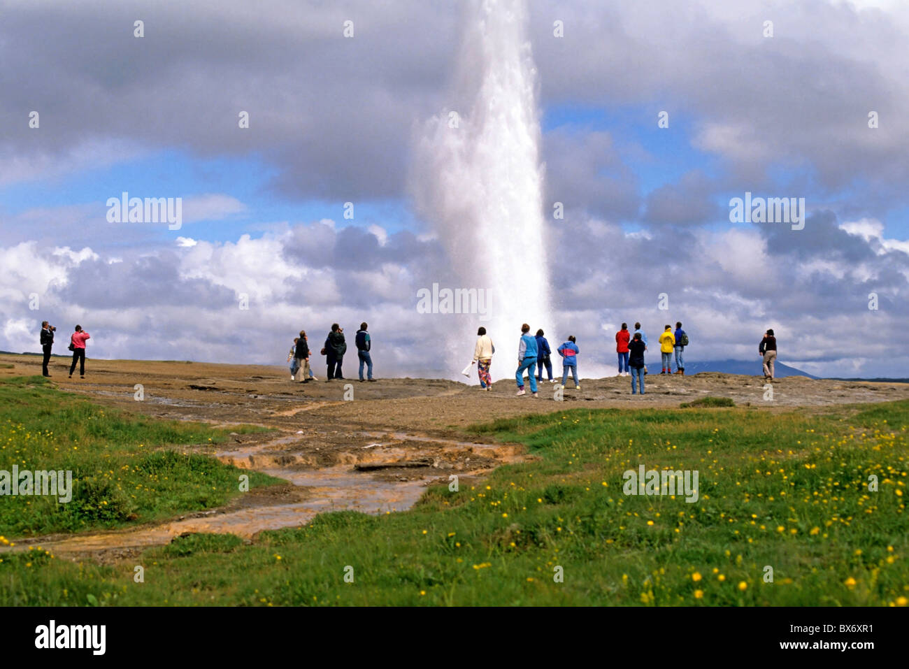 Island - Touristen beobachten eine Eruption am Geysir, Haukadur Tal Stockfoto